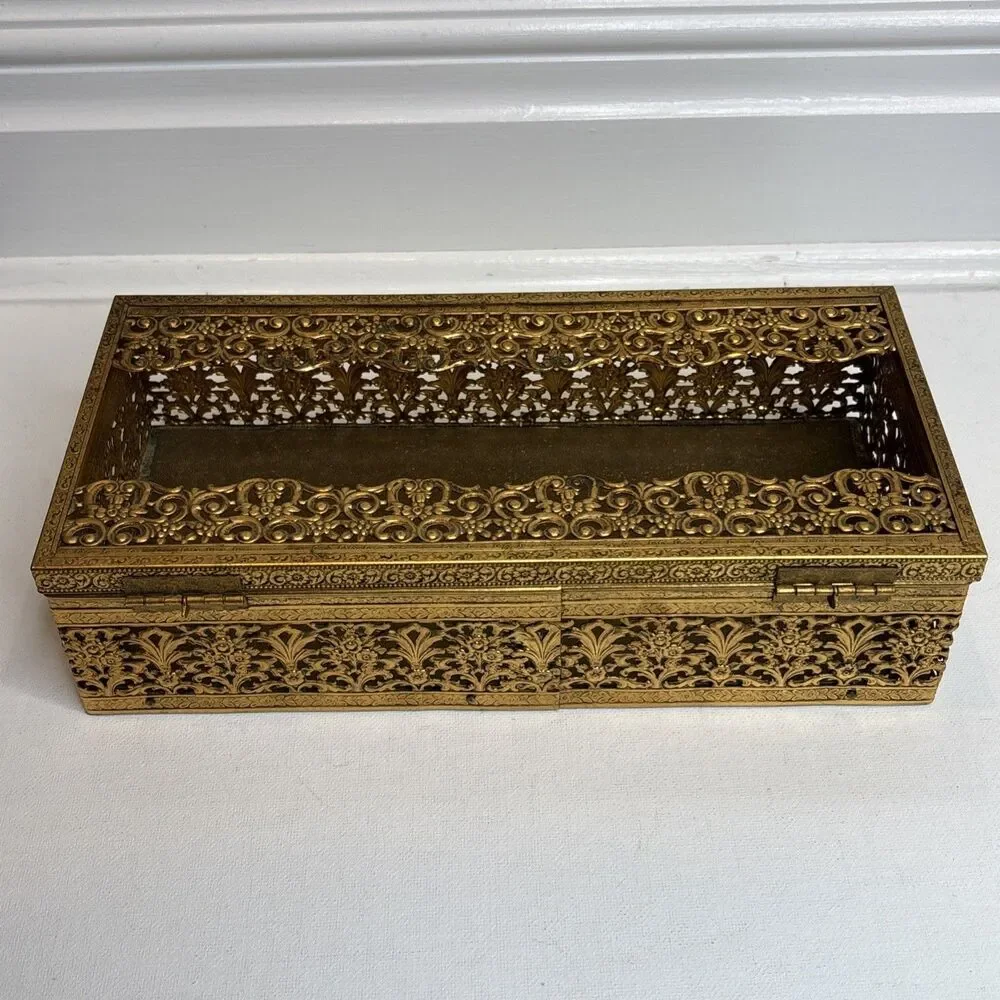 MCM Gold Tone Tissue Kleenex Box Filigree Holder Ornate Hollywood Regency